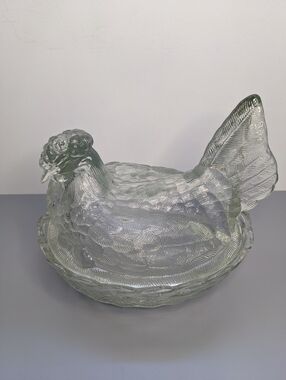 Indiana Glass Large Clear Hen On Nest Dish Vintage Green Tint Collectible